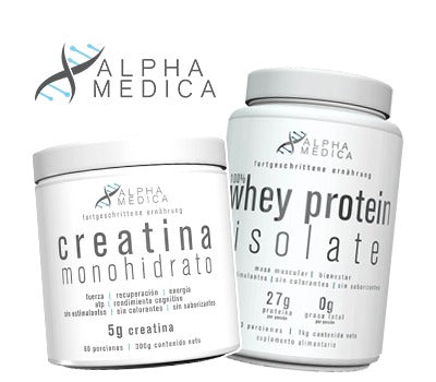 Pack Creatina Monohidrato Sin Sabor 60 Servicios+Proteina Whey Isolate1 Kilo Sin Sabor - Alpha Medica