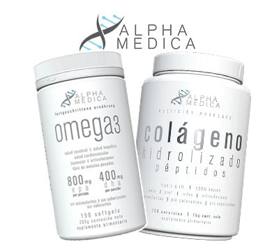 Pack Colageno Hidrolizado 100 Servicios 1 Kilo + Omega 3  Sin Sabor 203 Gramos - Alpha Medica